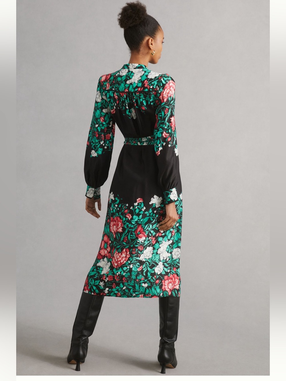 Anthropologie Floral Belted Shirtdress Black Midi - Picture 2 of 8